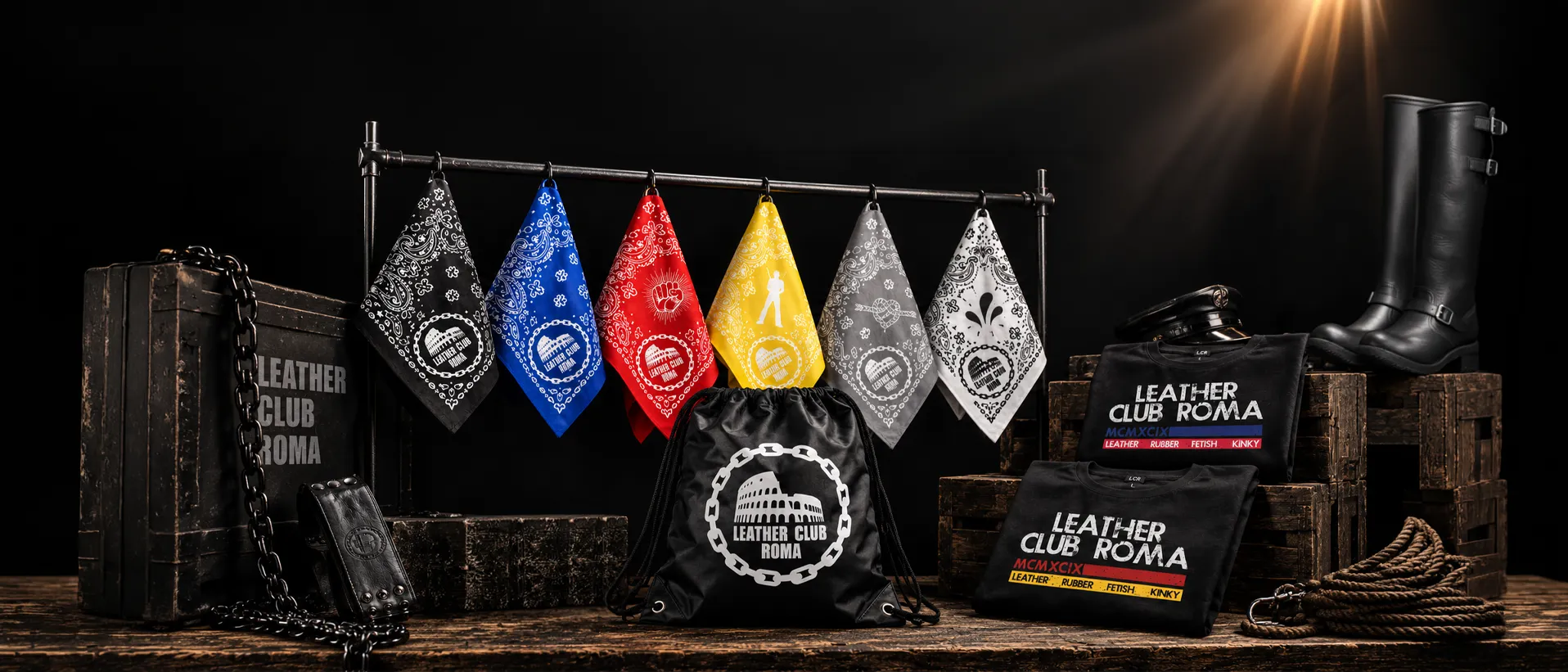 Six bandanas, two T-shirts, an official Leather Club Roma wristband and bag