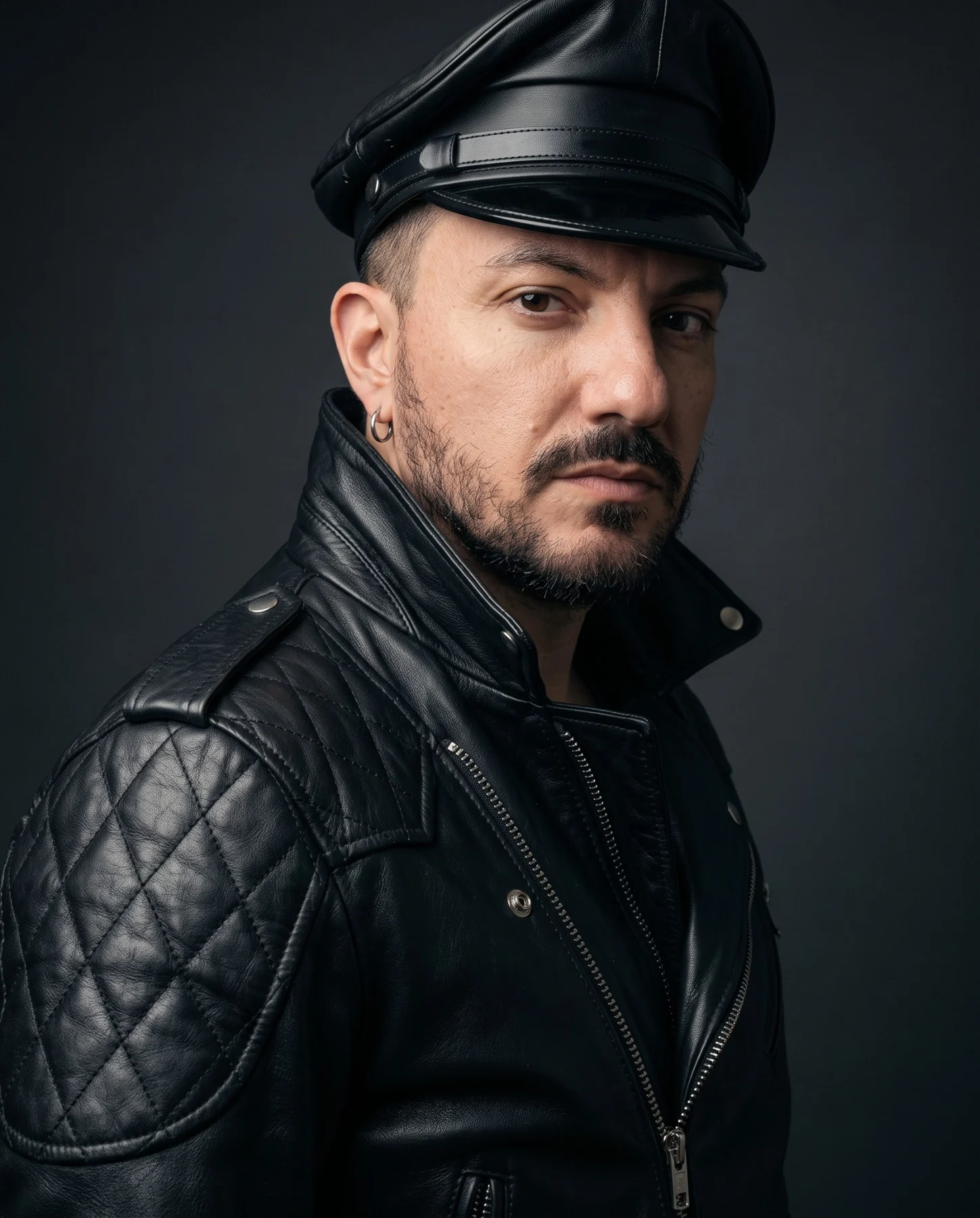 Portrait of Antonello in a muir cap and black leather jacket