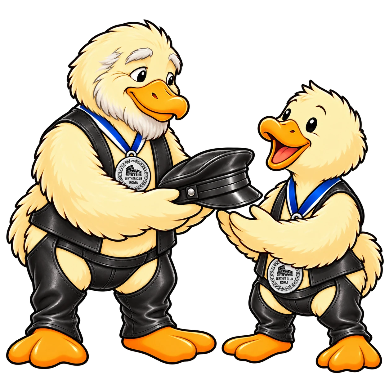 An older Dodo passes the Muir cap to a younger Dodo: leather culture is passed on.